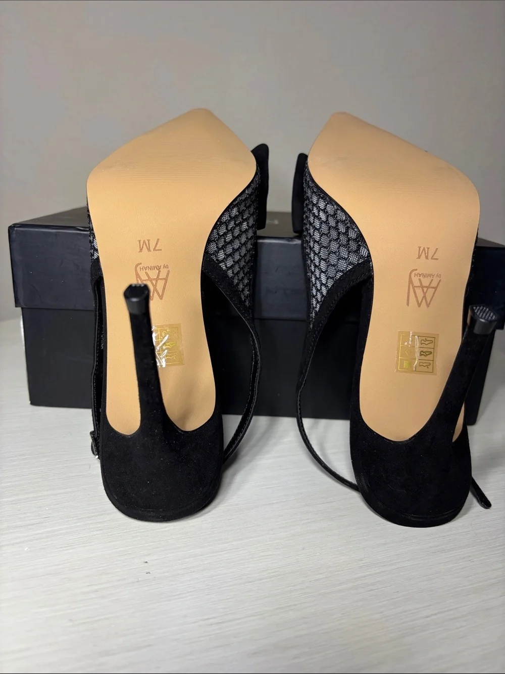 AAJ By Aminah Gemma Black Mesh Bow Slingback Pointed Toe  Stiletto Heels 7M NIB